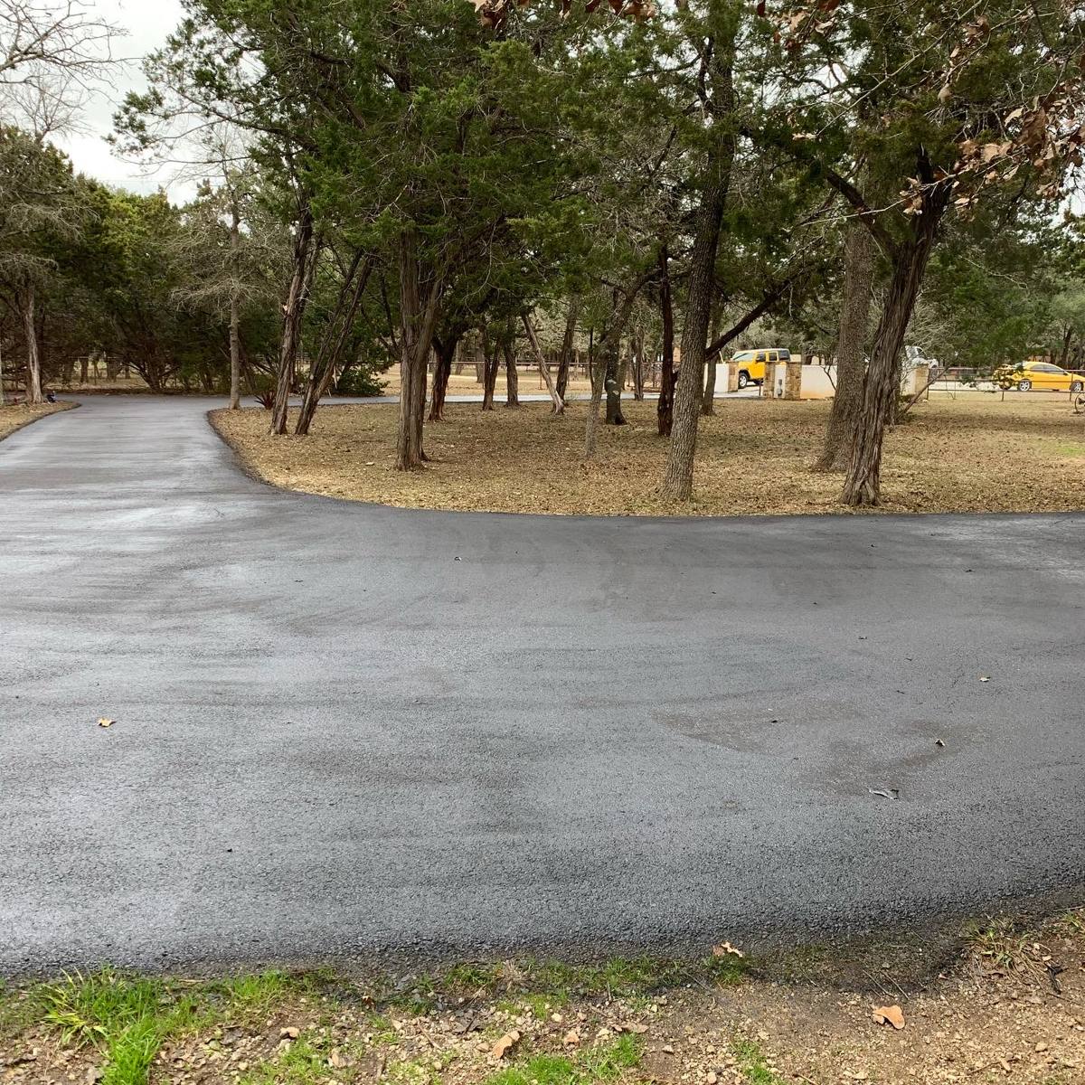Curved asphalt driveway through the oaks