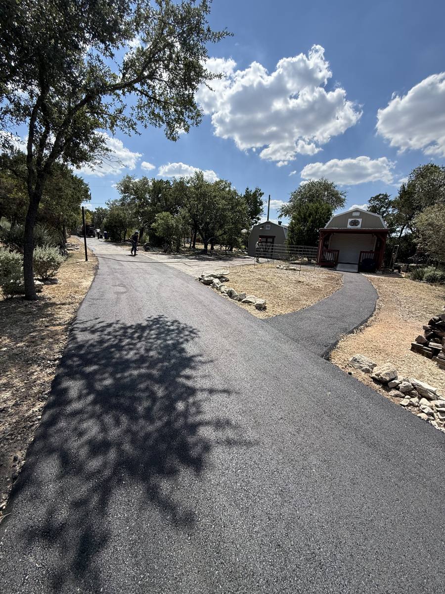 Asphalt driveway through a wooded lot